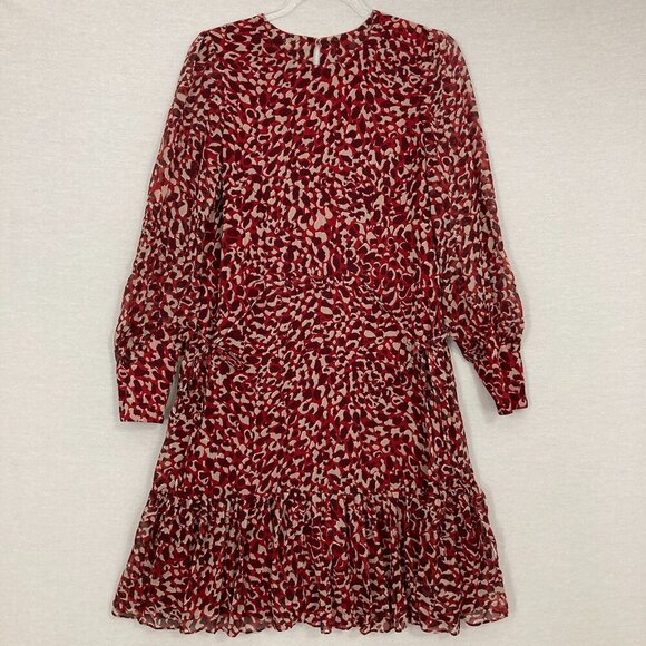 L.K.Bennett Red Burgundy Damiell Animal Print Round Neck Ruffle Hem Dress size 4 - Picture 3 of 14